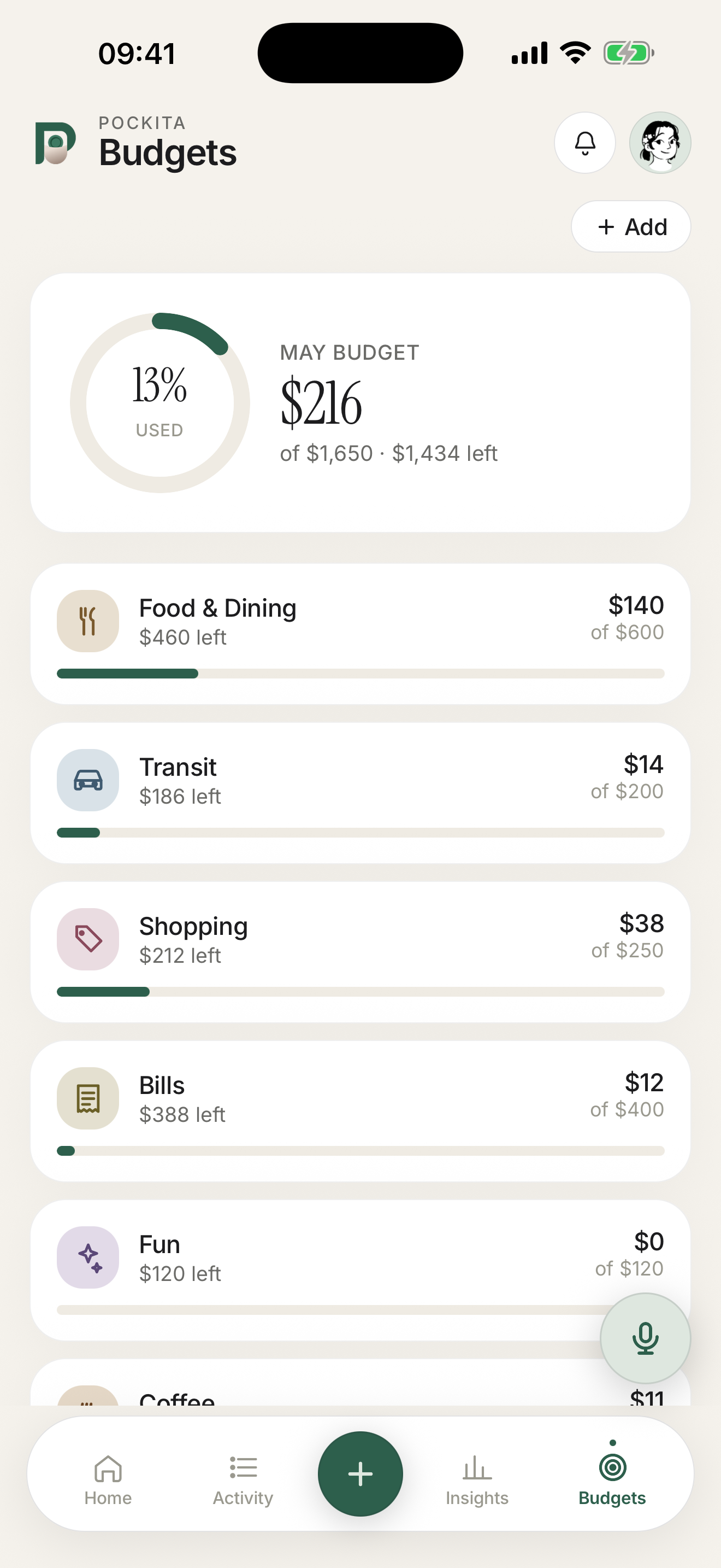 Pockita budgets with category progress bars