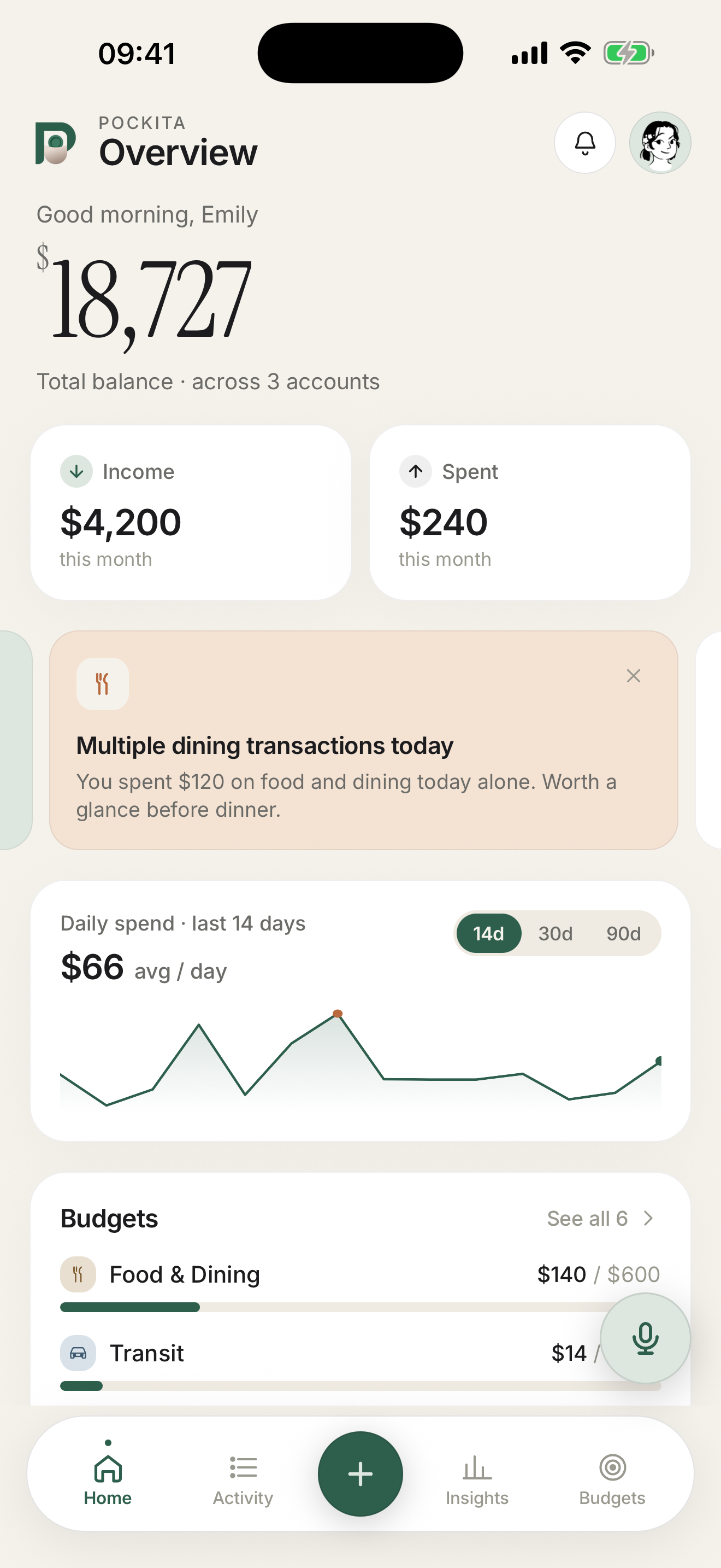 Pockita home overview showing balance, income, spending, and budgets