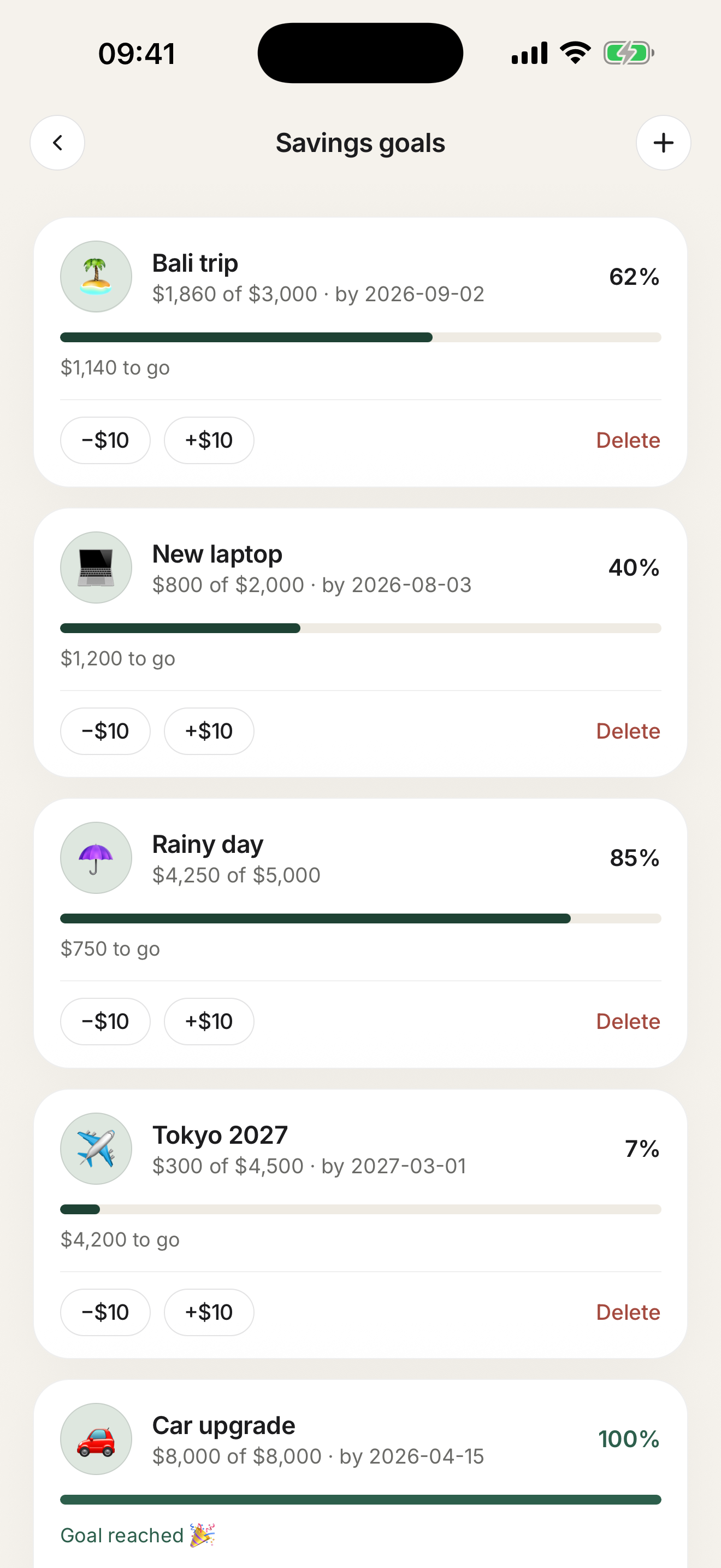 Pockita savings goals with progress bars