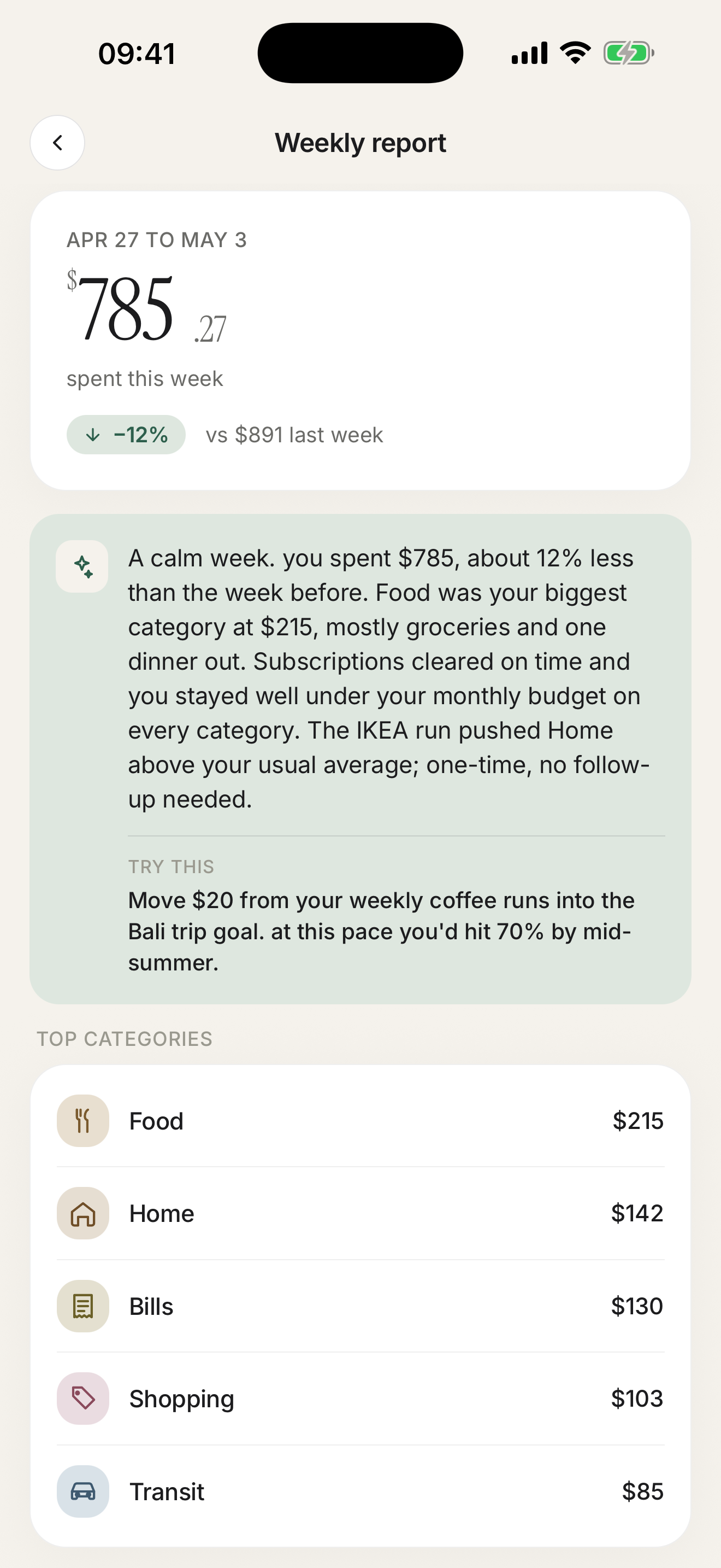 Pockita weekly AI report with totals and a friendly summary