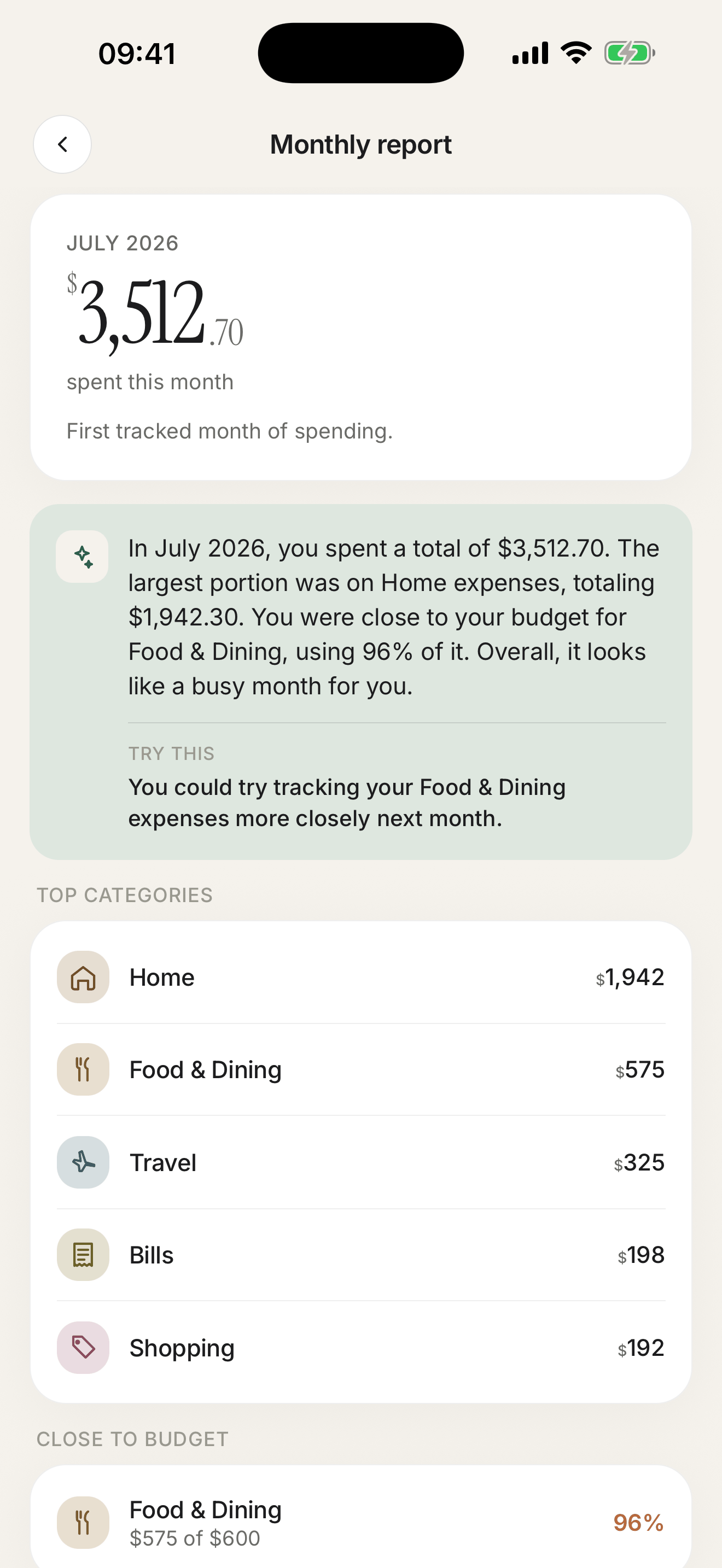 Pockita monthly AI report with totals and a friendly summary